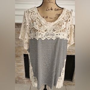 Adiva Black Cream Striped Lace Detail Boho Short Sleeve Top 3X